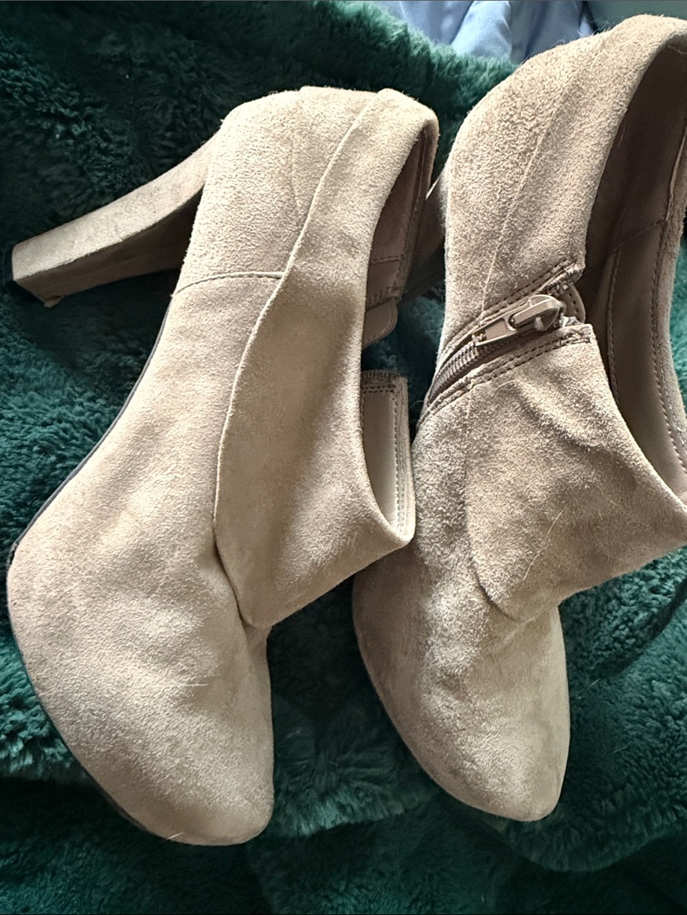 me too Taupe Suede Ankle Booties with Block Heel